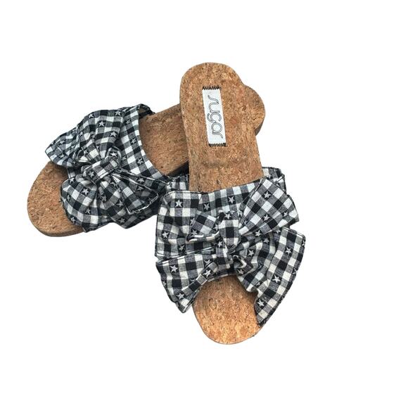 Sugar Women's Xenon Cork Flat Bow Sandal Slide Size 8.5 Black White Stars Boho - Picture 1 of 10